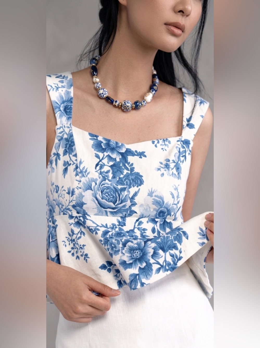 Maeve x Anthropologie - Square-Neck Peplum Blue & White Tank Top- size Large NWT